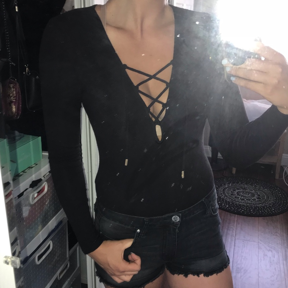 GUESS Bodysuit Low Cut Cross Tie Long Sleeve